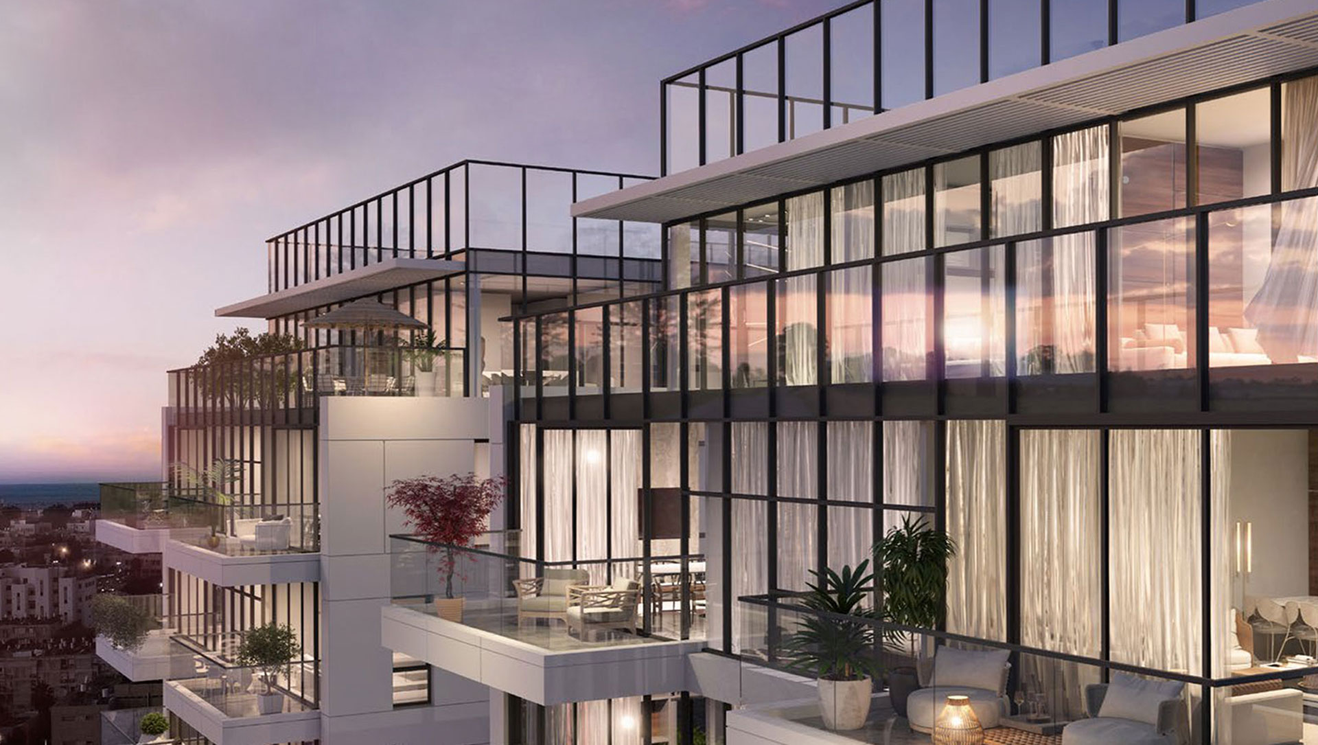 הדמייה של הבניין מבחוץ בלילה